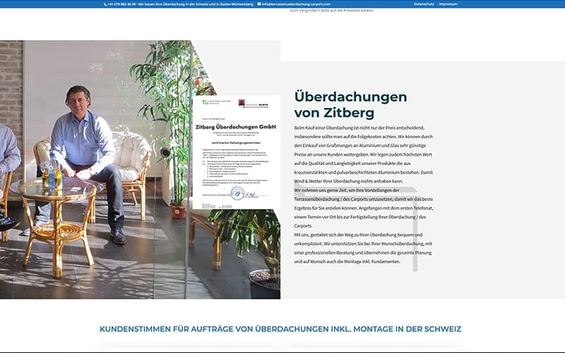 Onepager für Überdachungs-Unternehmen