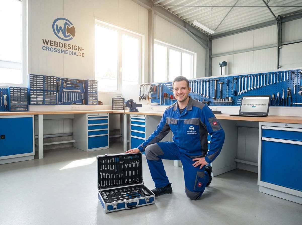 Werkstatt mit Werkzeugkasten und Computer.